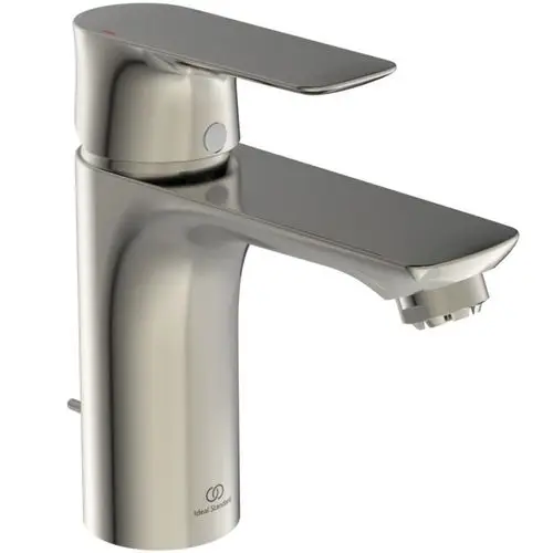 Ein schlichter, silberfarbener Wasserhahn von Ideal Standard mit einem Hebel und einem Auslauf, geeignet für Waschbecken.